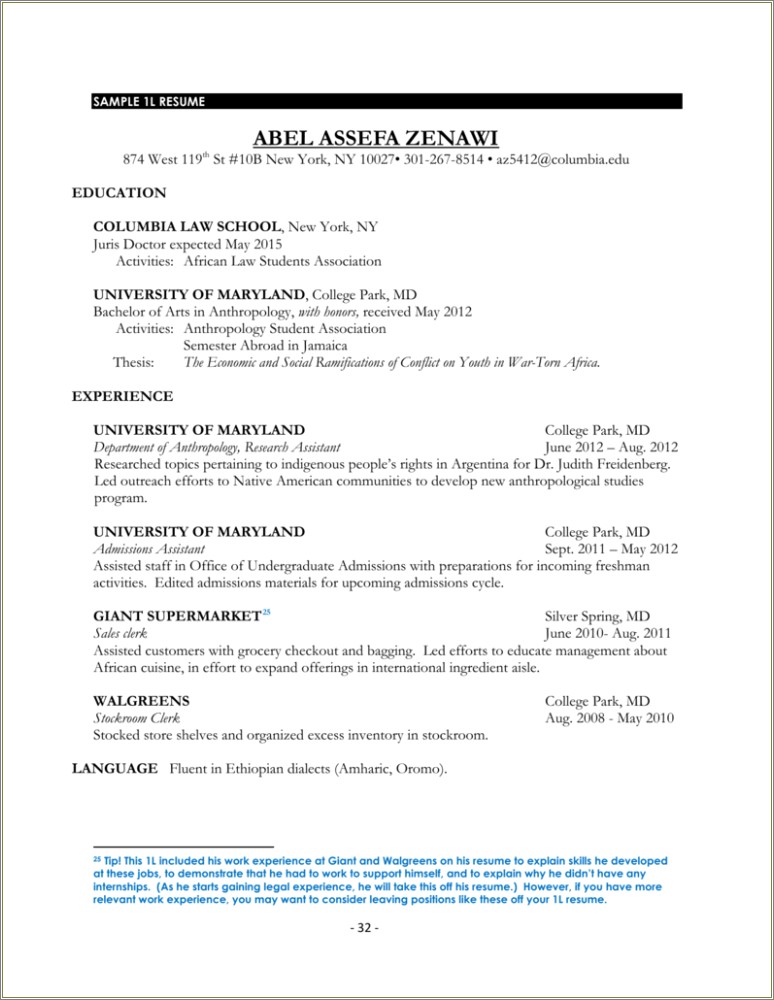 Columbia Law School Sample Resume