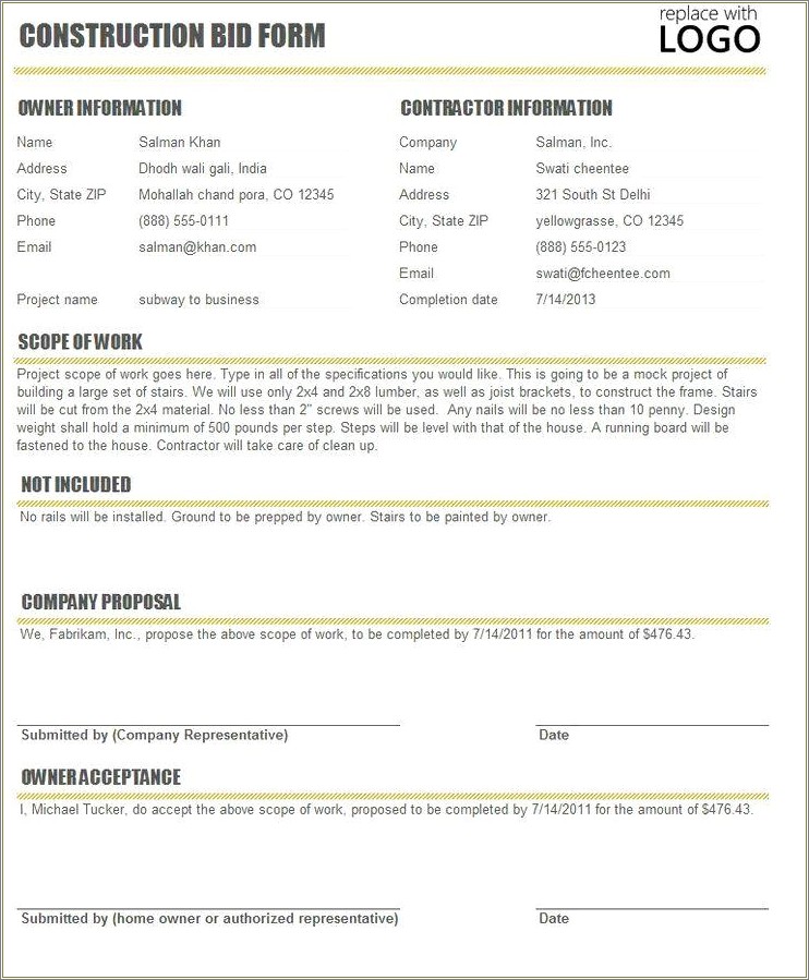 Construction Proposal Template Free Download On Blank Business