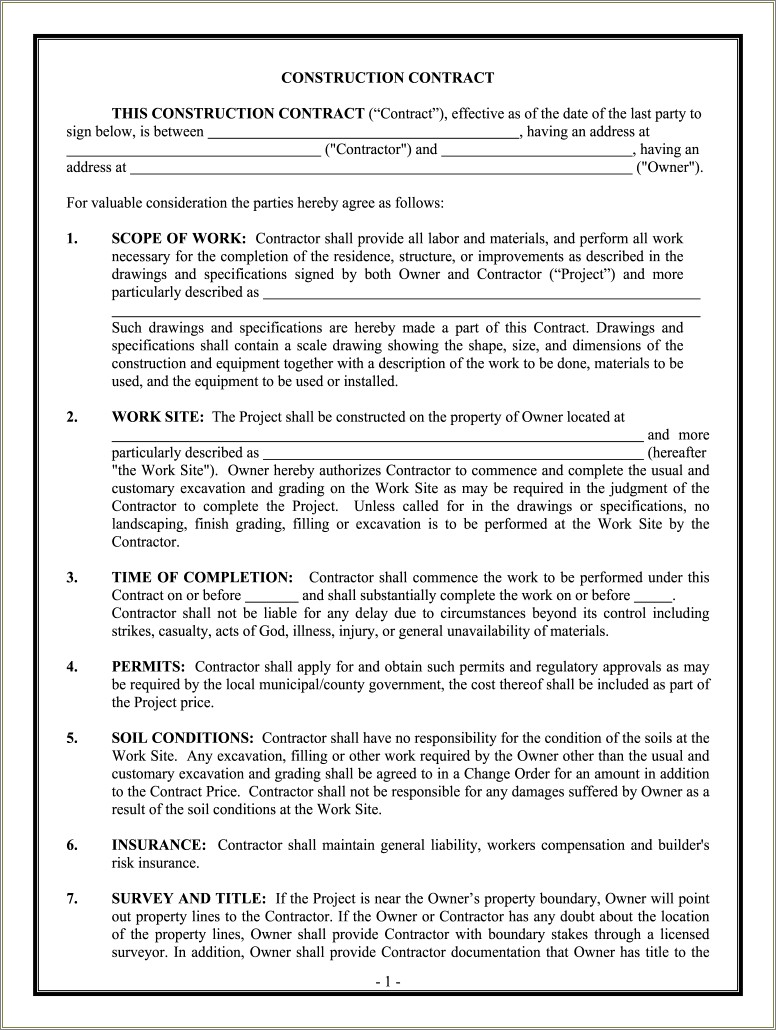 Contract Between A Contractor And Homeowner Free Template