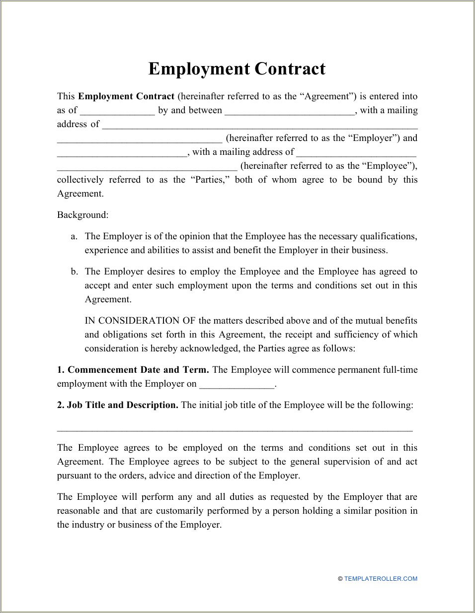 Contract Of Employment Part Time Template Free