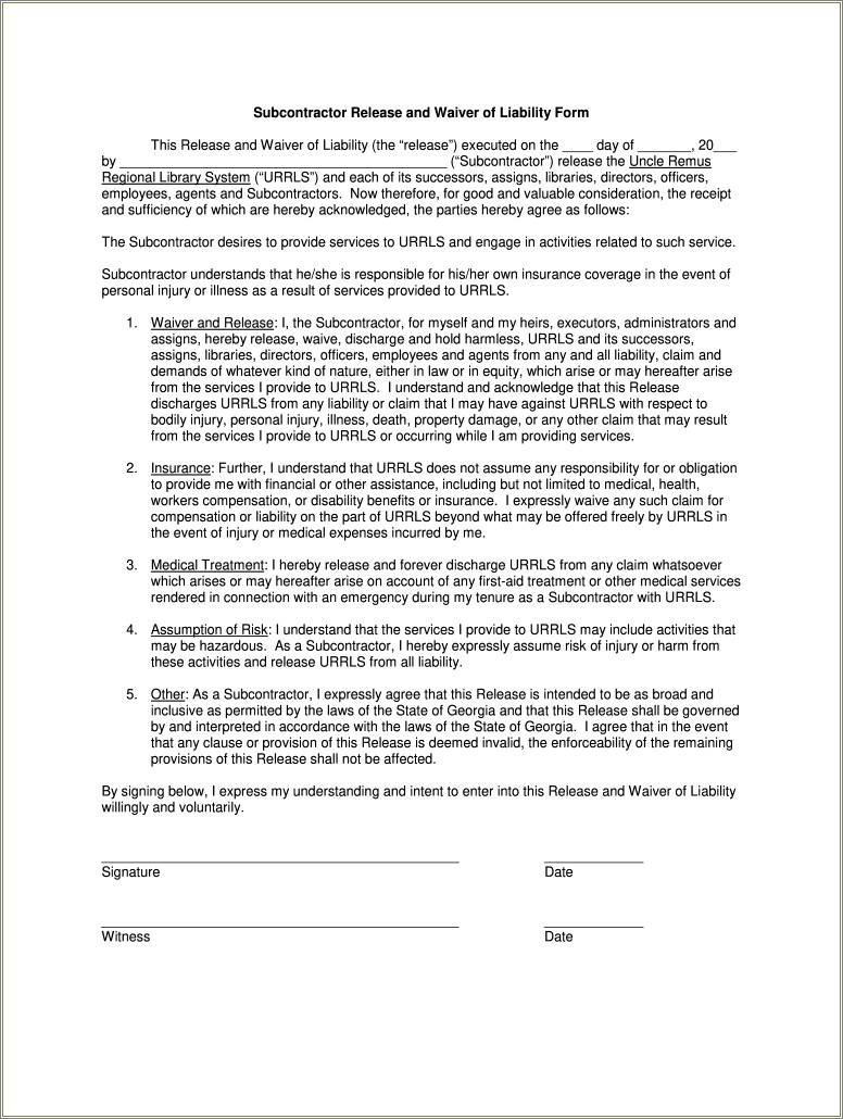 Contractor And Subcontractor Release Agreement Template Free