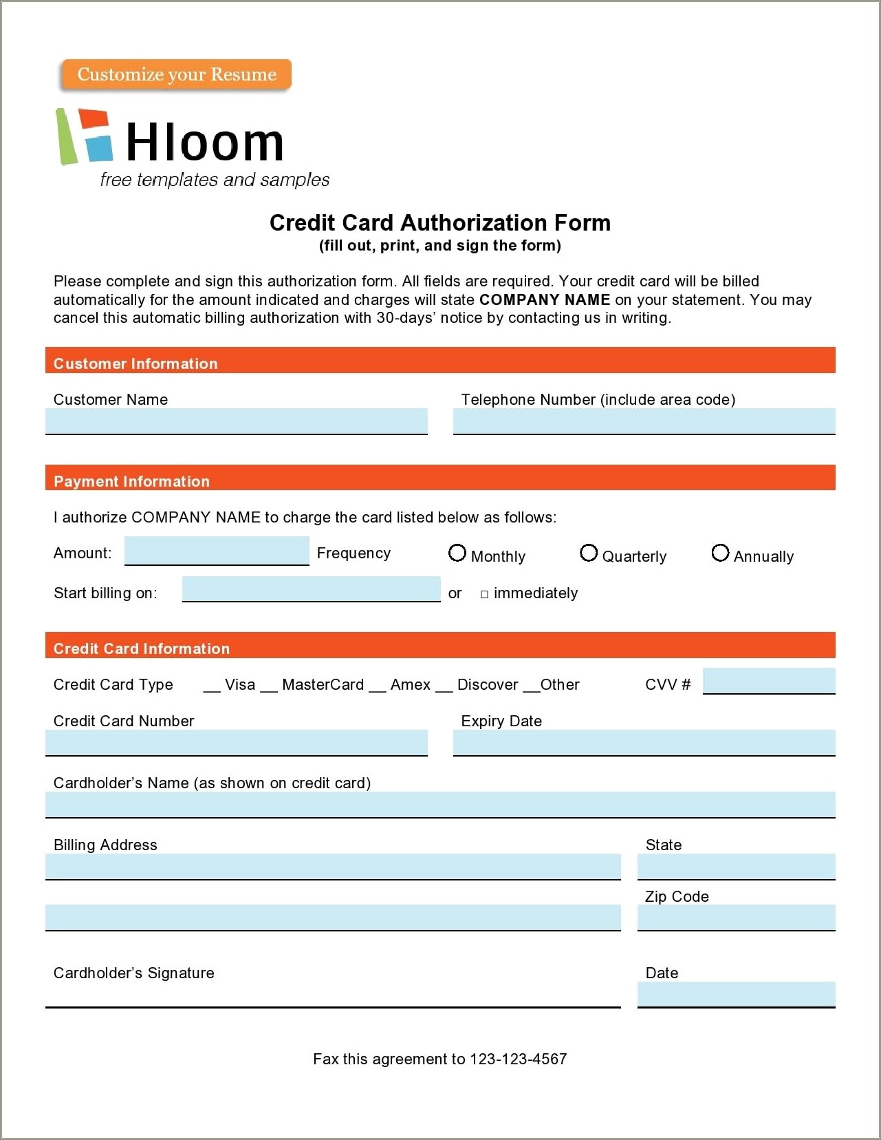 Credit Card Authorization Online Form Template Free