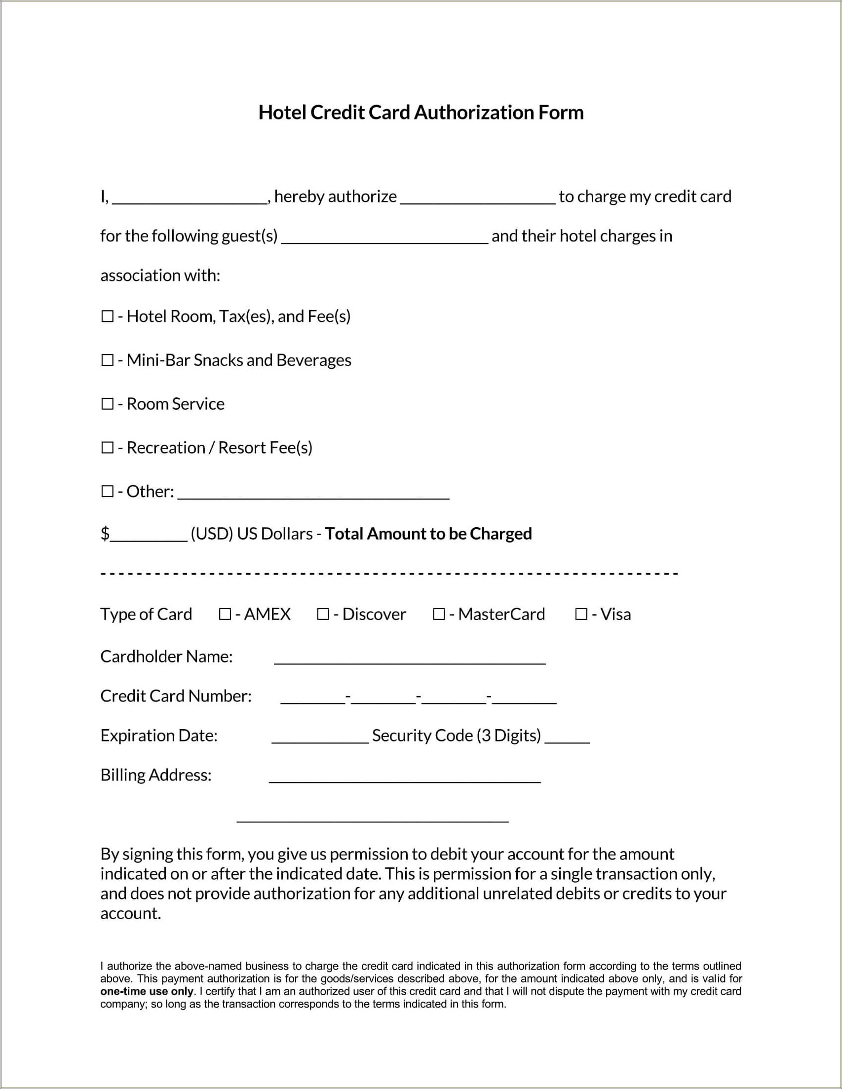 Credit Card Debit Authorization Form Template Free