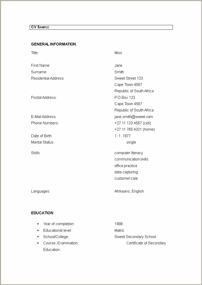 Cv Templates Free Download Word Document South Africa