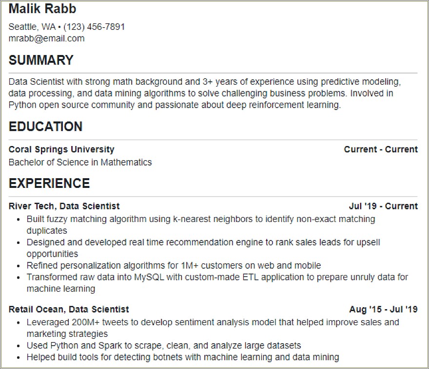 Data Mining Specialist Resume Example