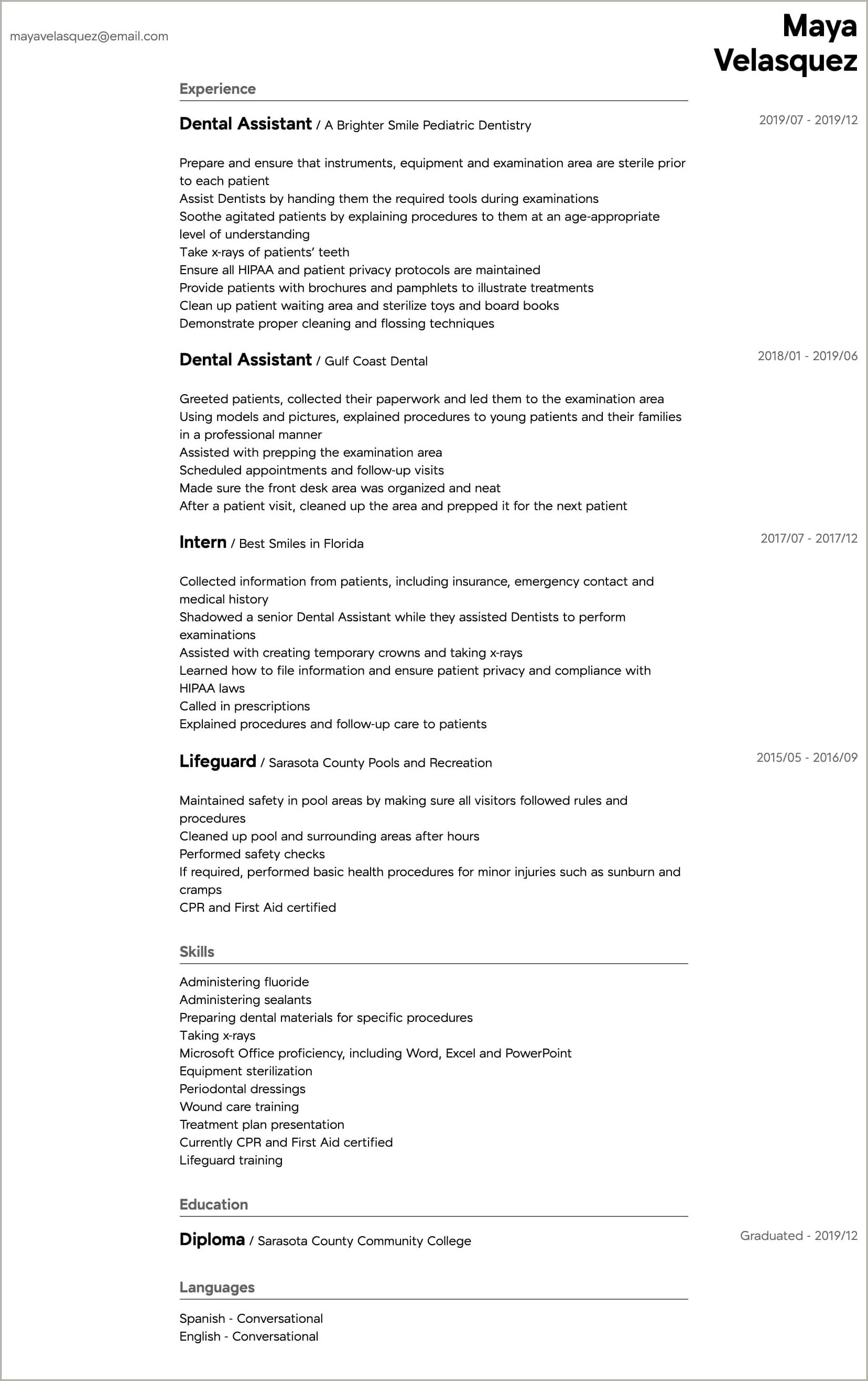 Dentist Assistant Job Description Resume
