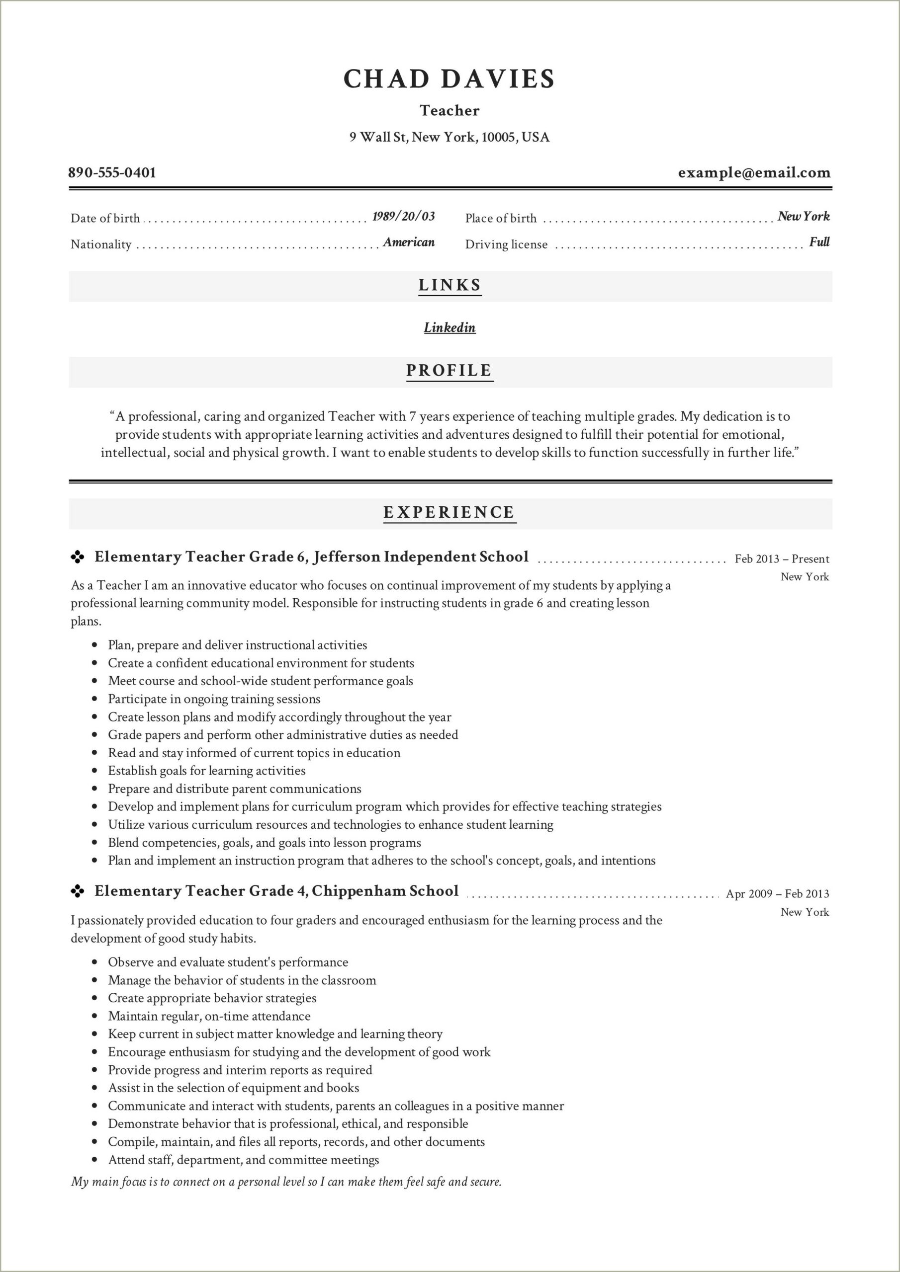 Doe Teacher Application Resume Sample
