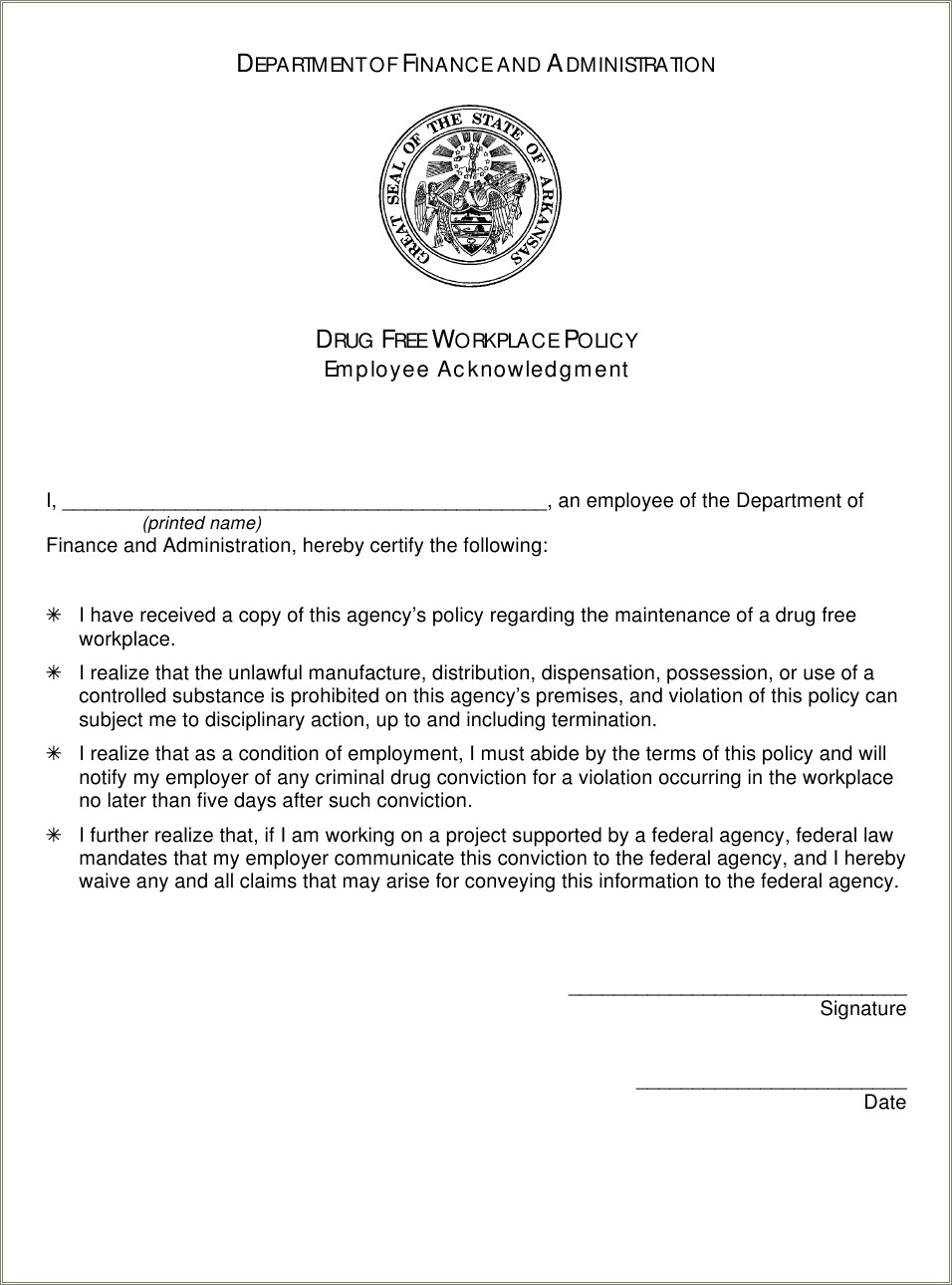 Drug Free Workplace Policy Template For Hud