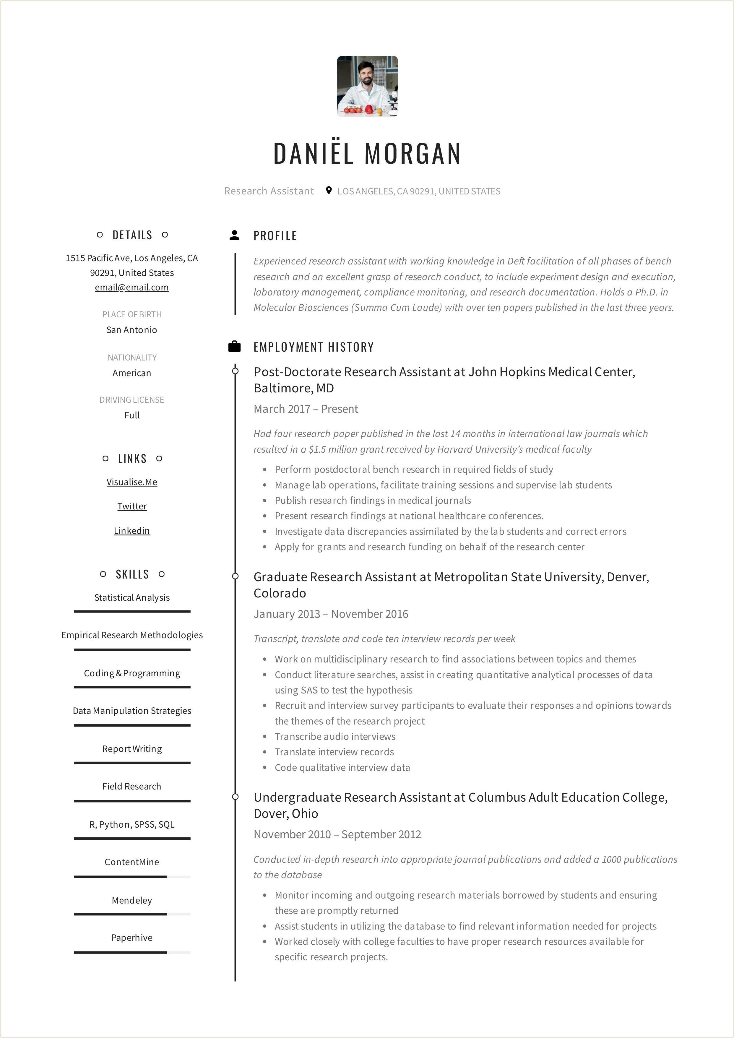 Economic Research Assistant Resume Sample