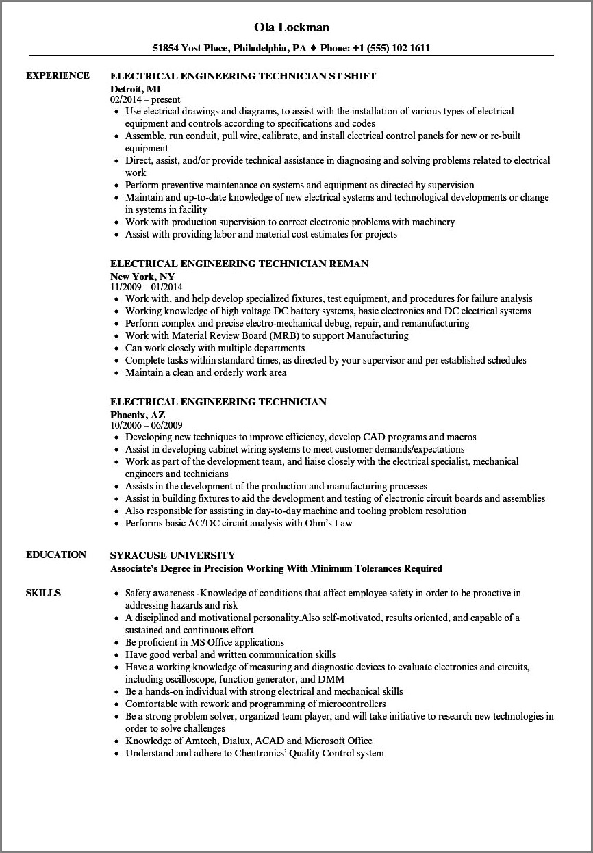 Electrical Maintenance Engineer Resume Objective