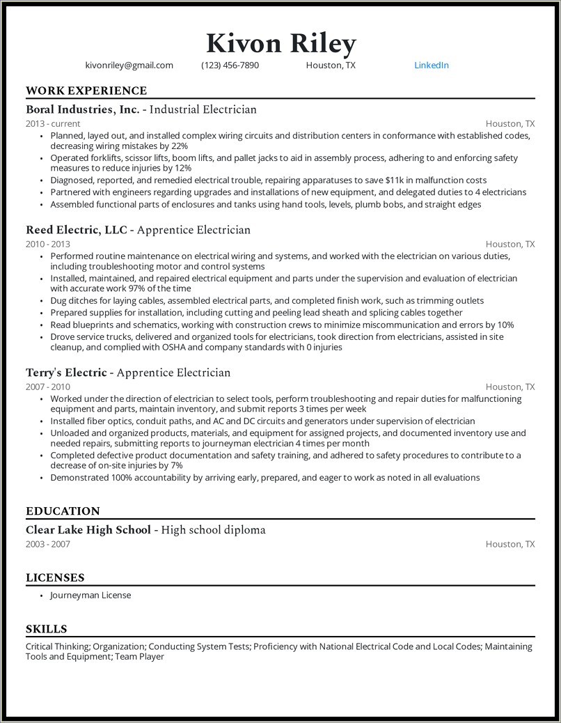 Electrician Skills And Abilities Resume