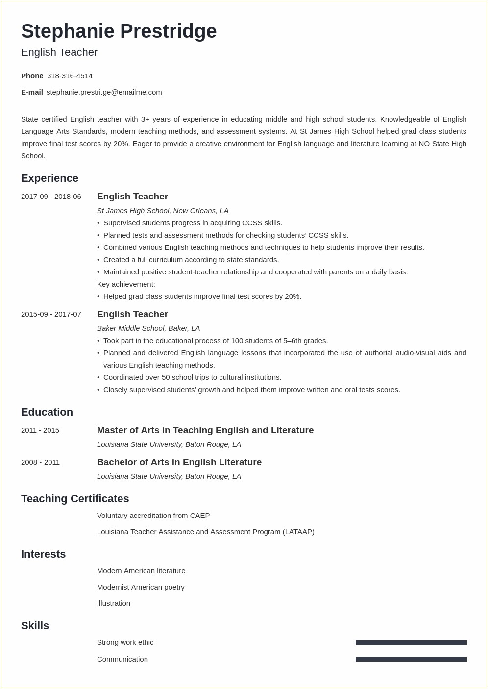English Tutor Job Description Resume