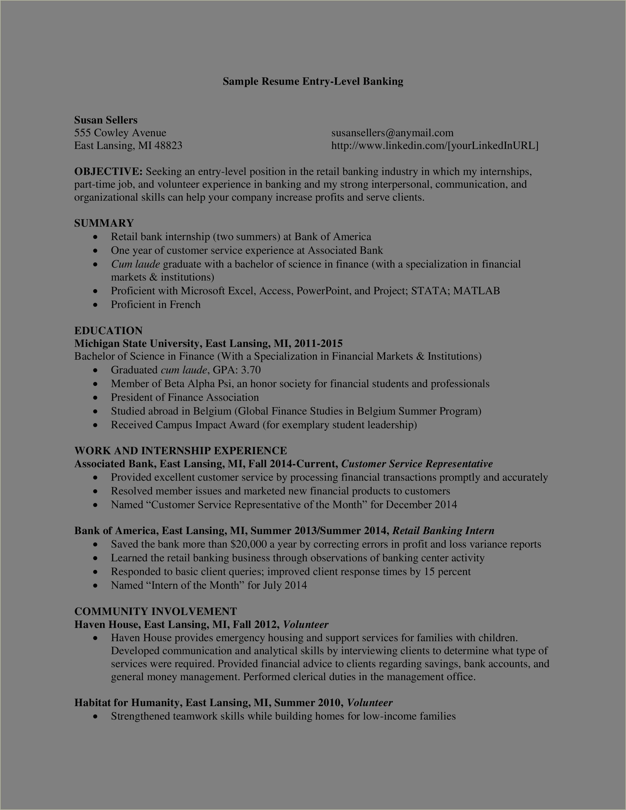 Entry Level Banking Resume Examples