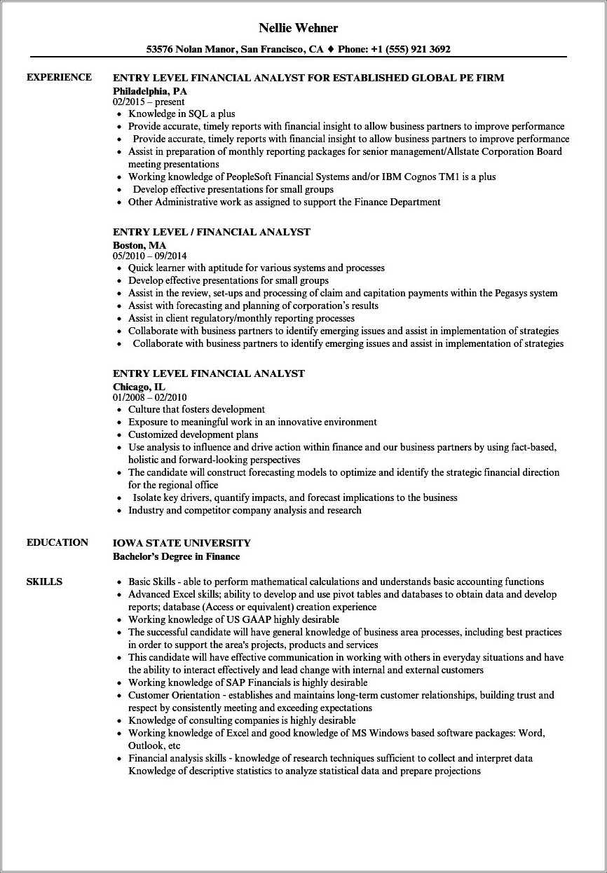 Entry Level Position Resume Example
