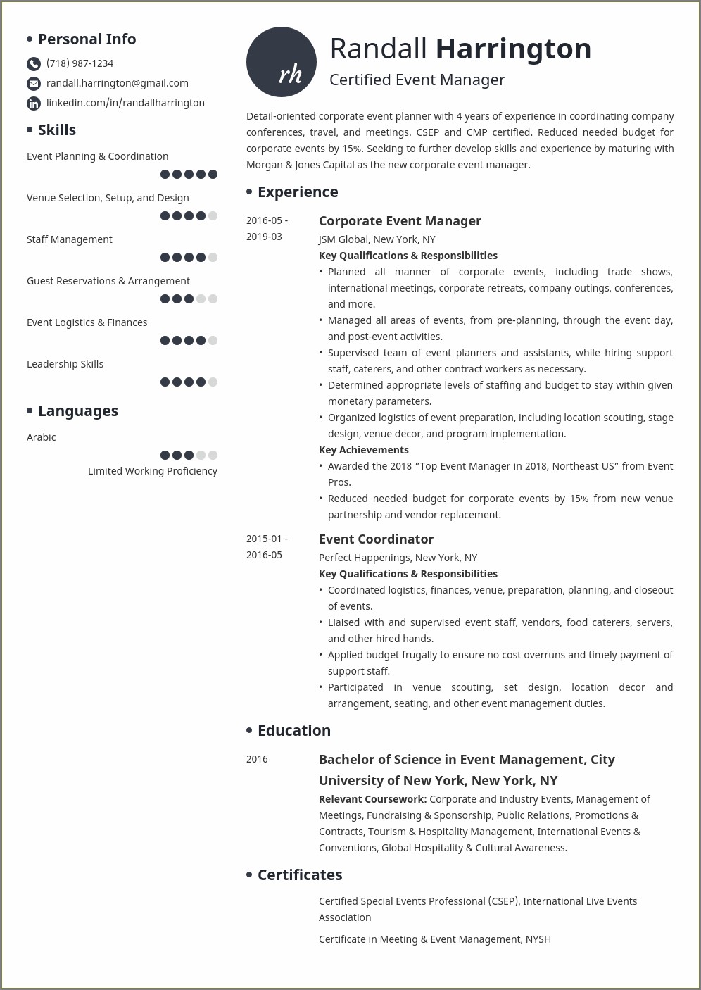 Events Manager Objective For Resume