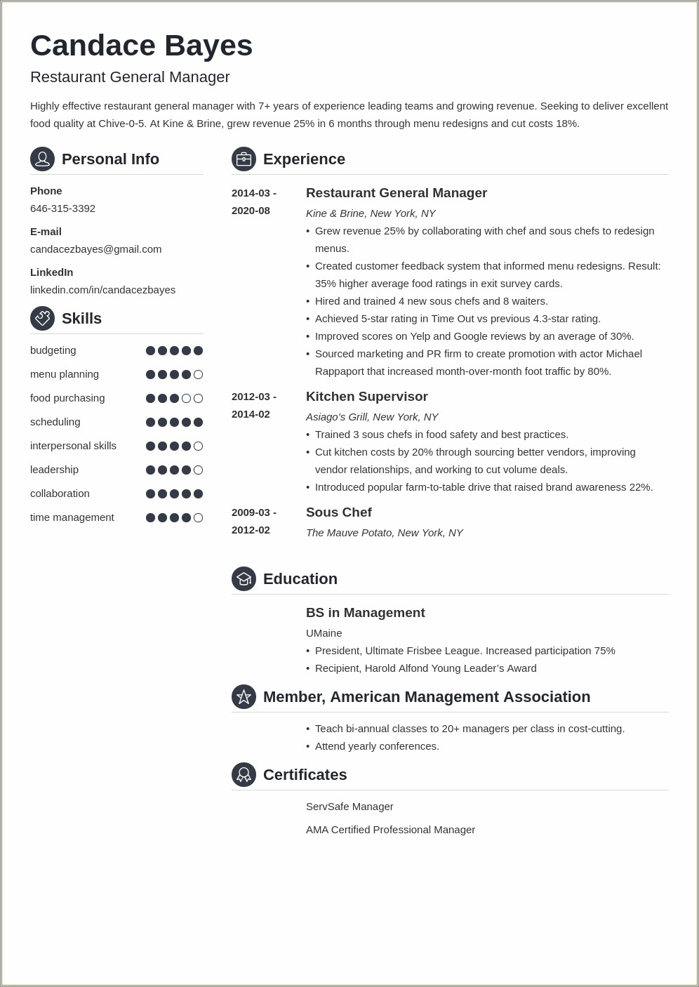 Example Restaurant Store Manager Resume