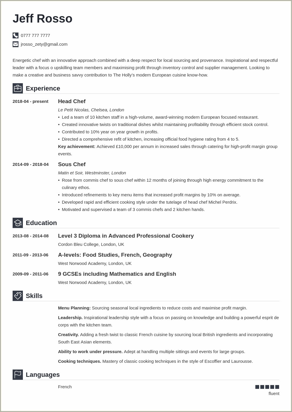 Example Resume For Head Cook