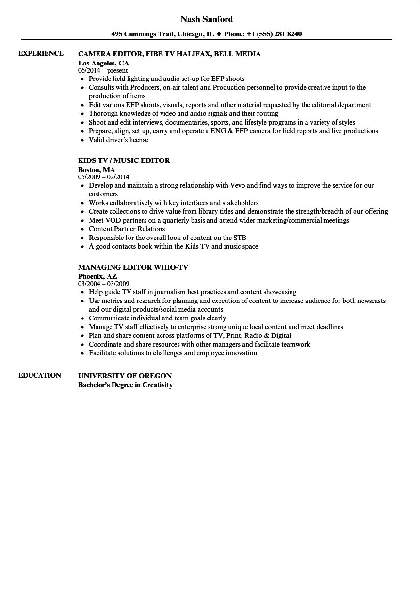 Example Resume In Tv Television