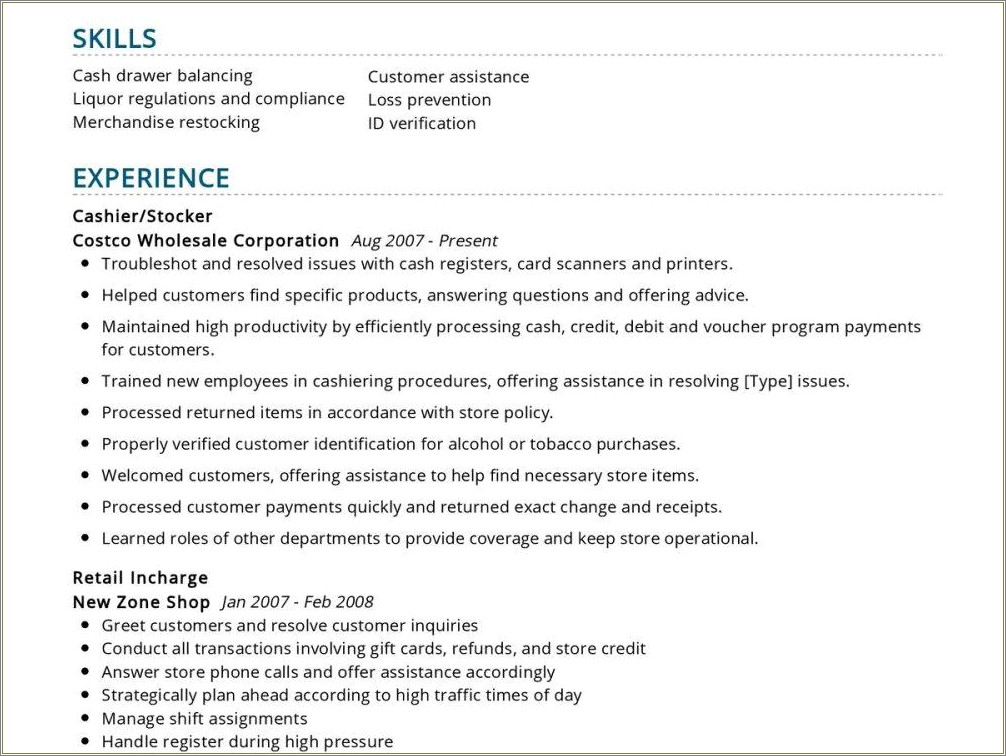 Example Resume Work Experience Cashier