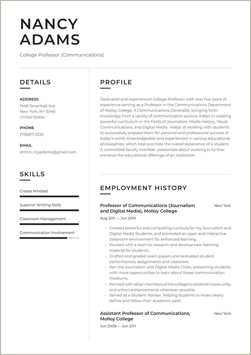 Examples Of Adjunct Faculty Resume