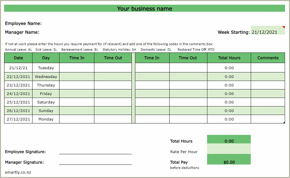 Excel Monthly Timesheet Template With Calculations Free Download