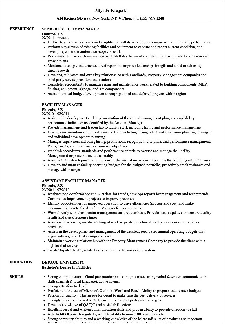 Facility Manager Resume Format India