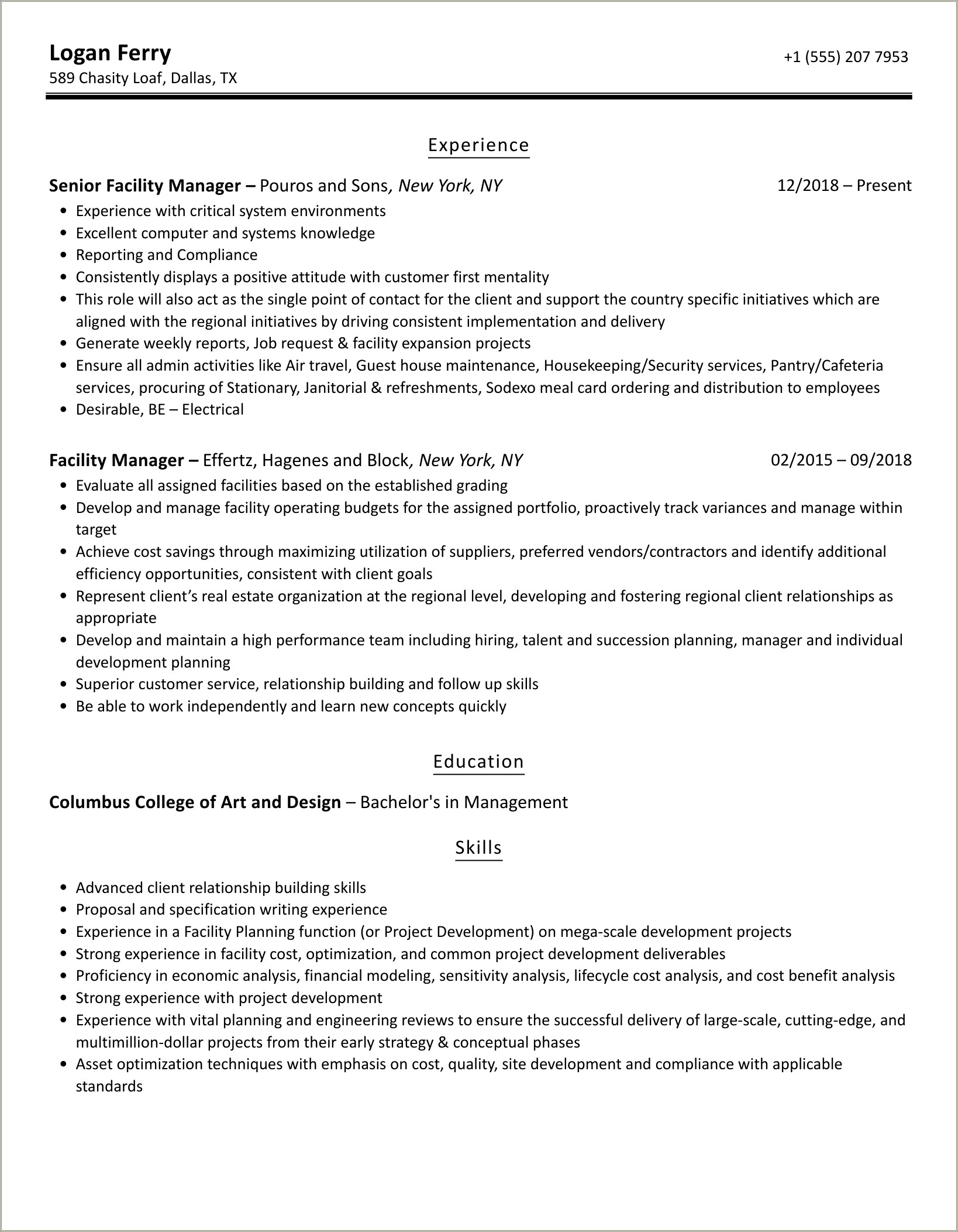 Facility Manager Resume Job Hero