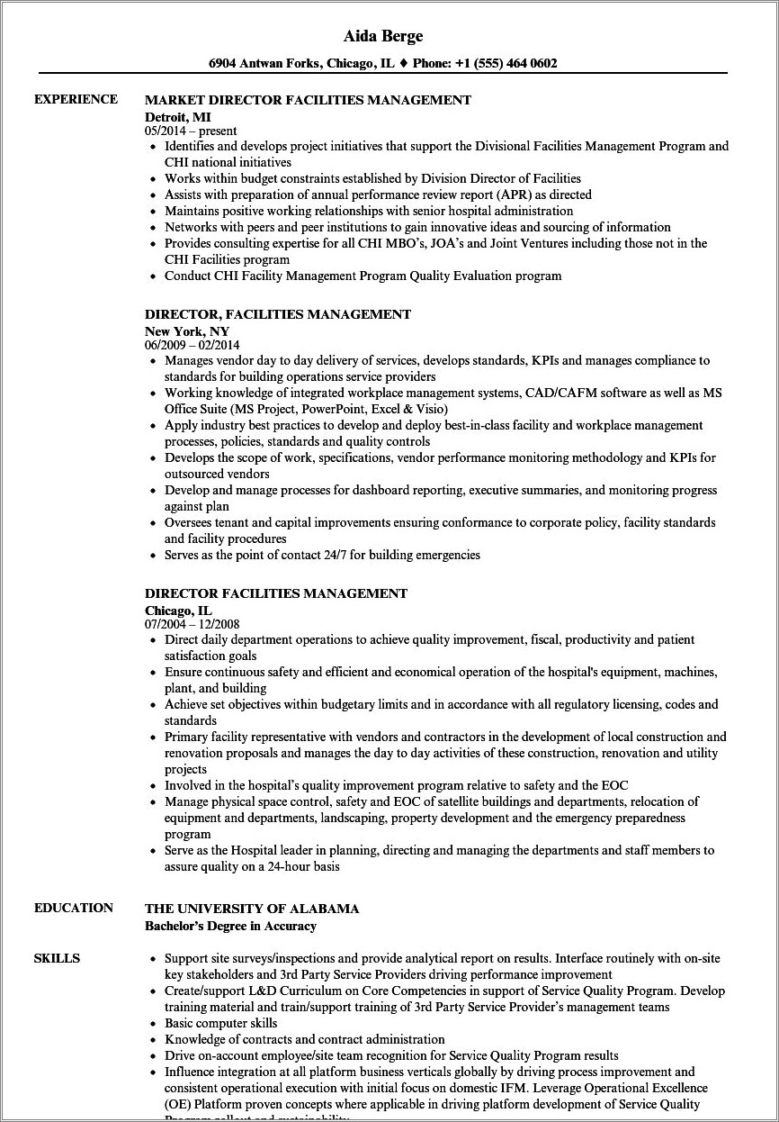 Facility Manager Soft Services Resume