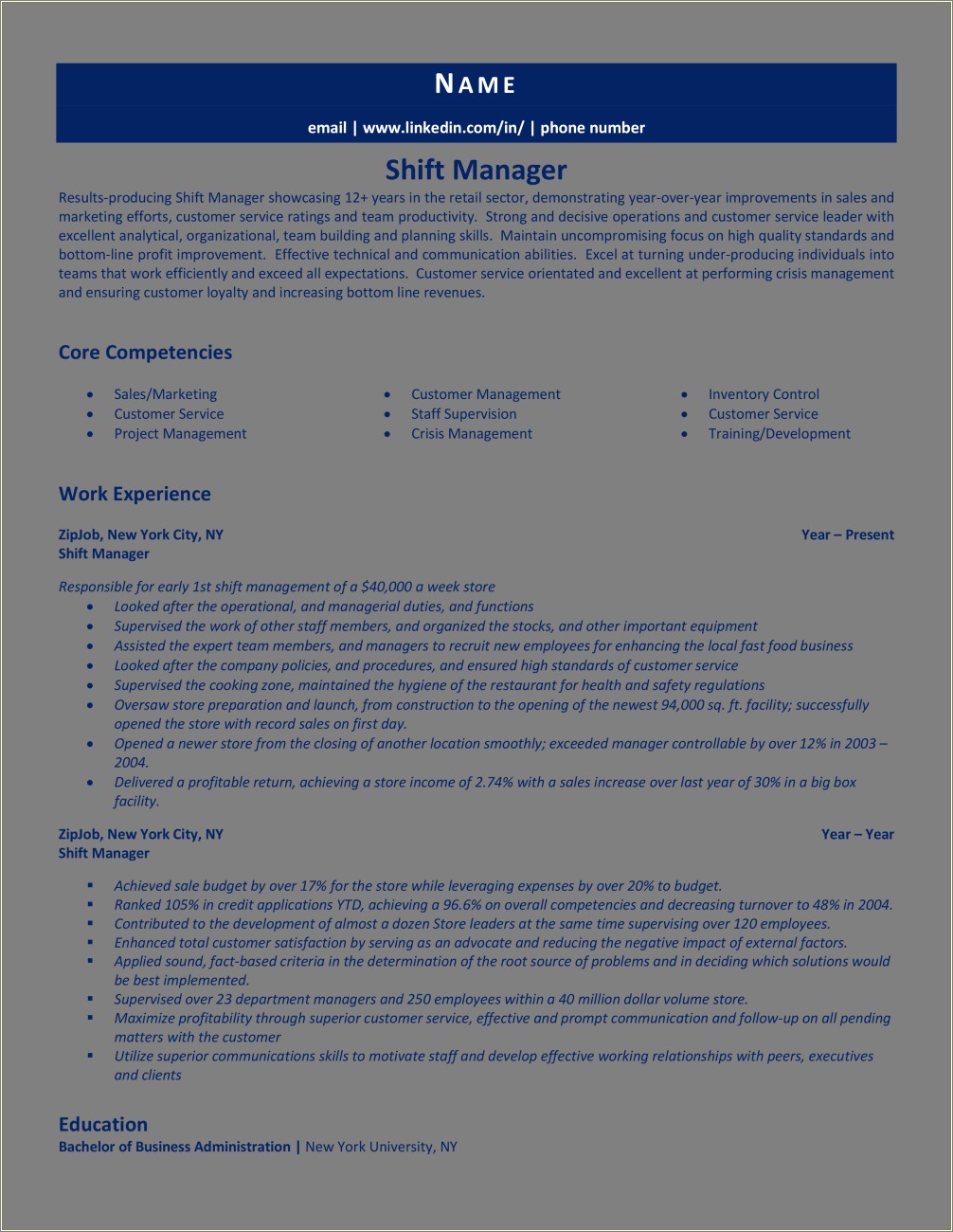 Fast Food Shift Manager Resume