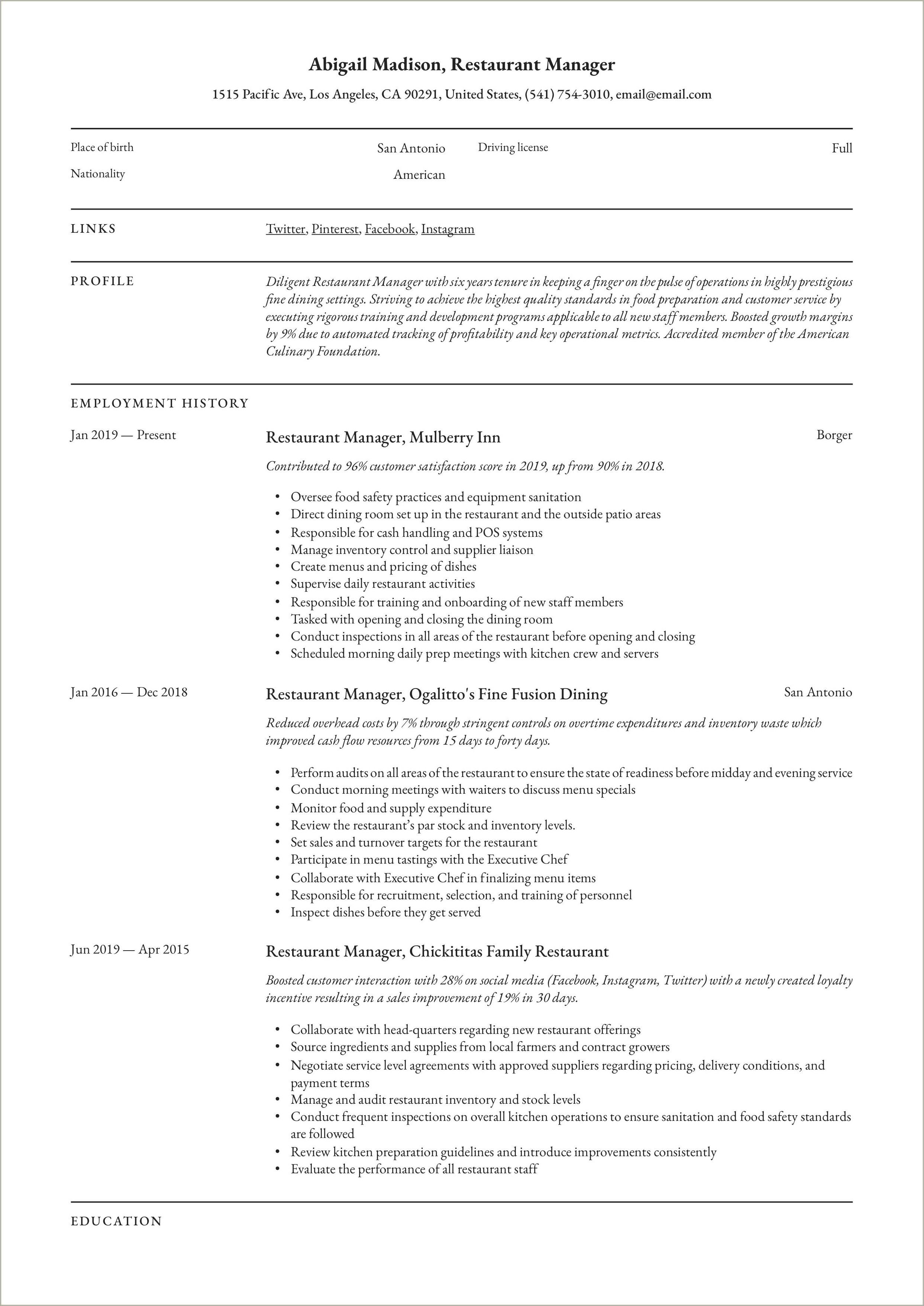 Ffast Food Store Manager Resume