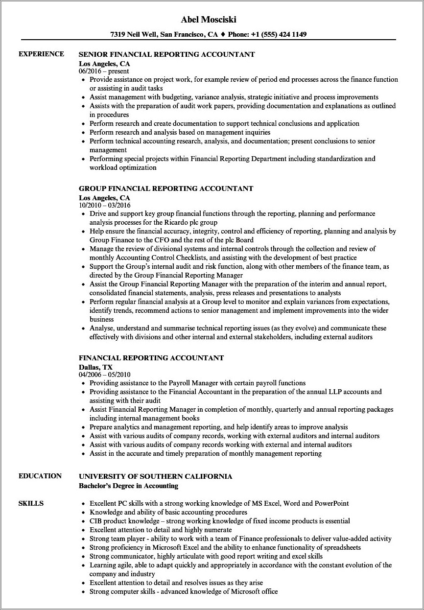 Financial Reporting Accountant Resume Example
