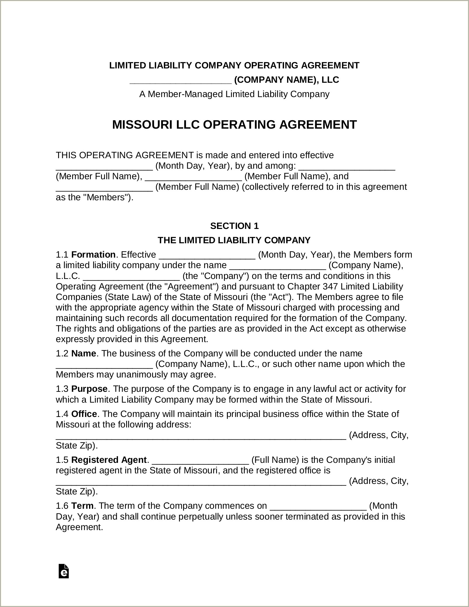 Forum Free Llc Operating Agreement Missouri Template