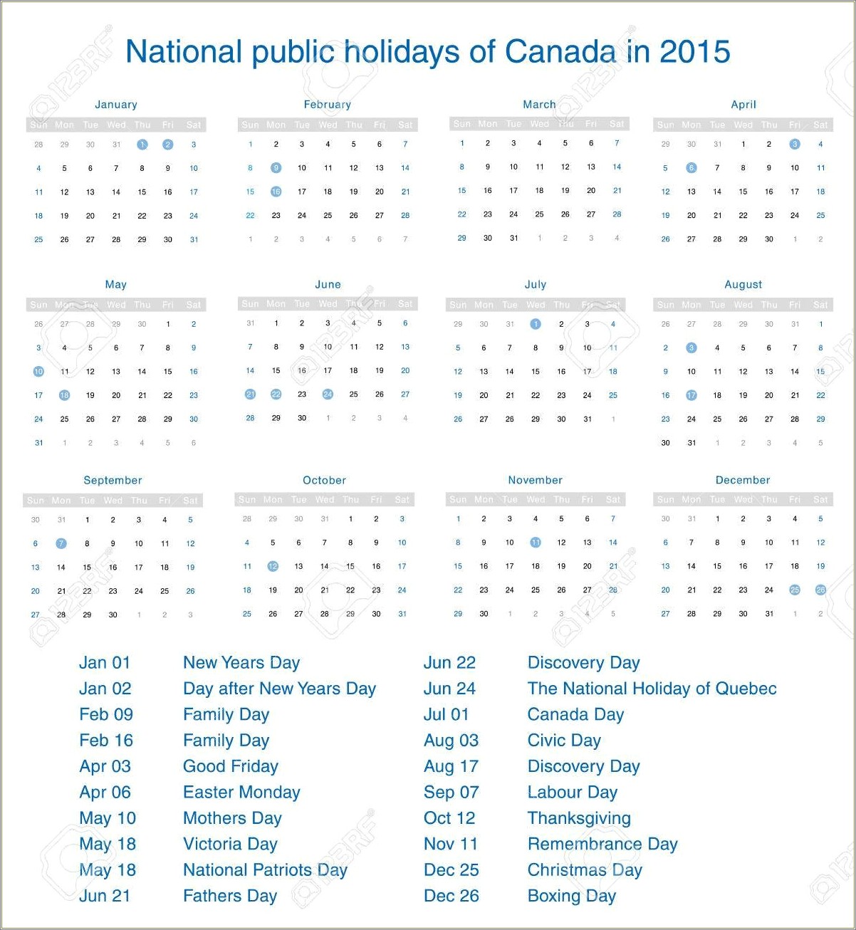 Free 2015 Calendar Template With Canadian Holidays