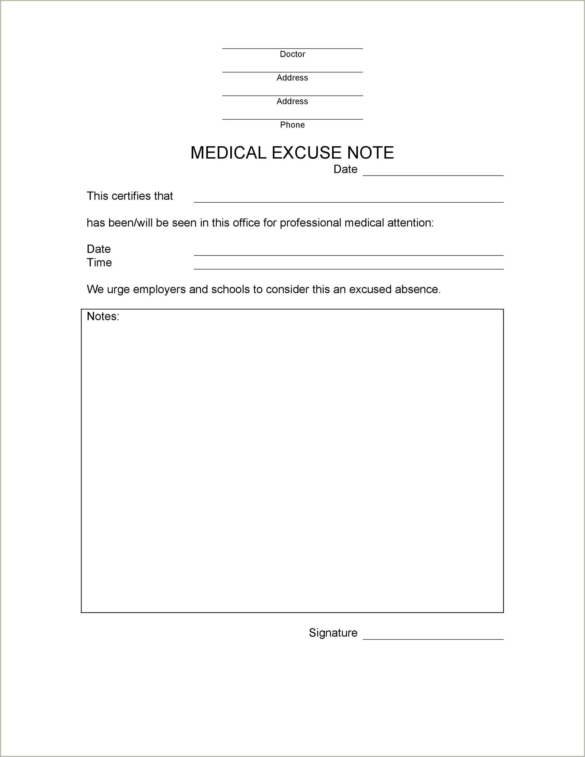 Free Accident Doctors Note To Cout Template