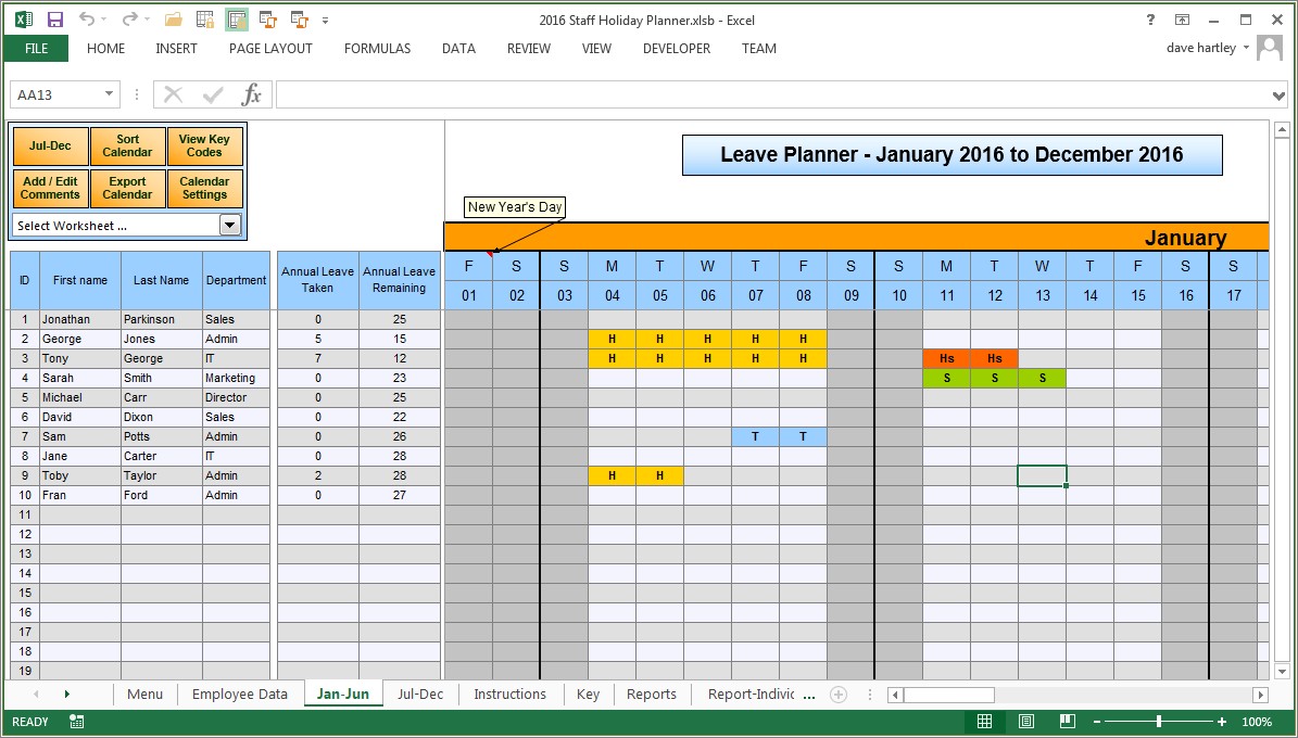 Free Annual Leave Planner Excel Template 2016