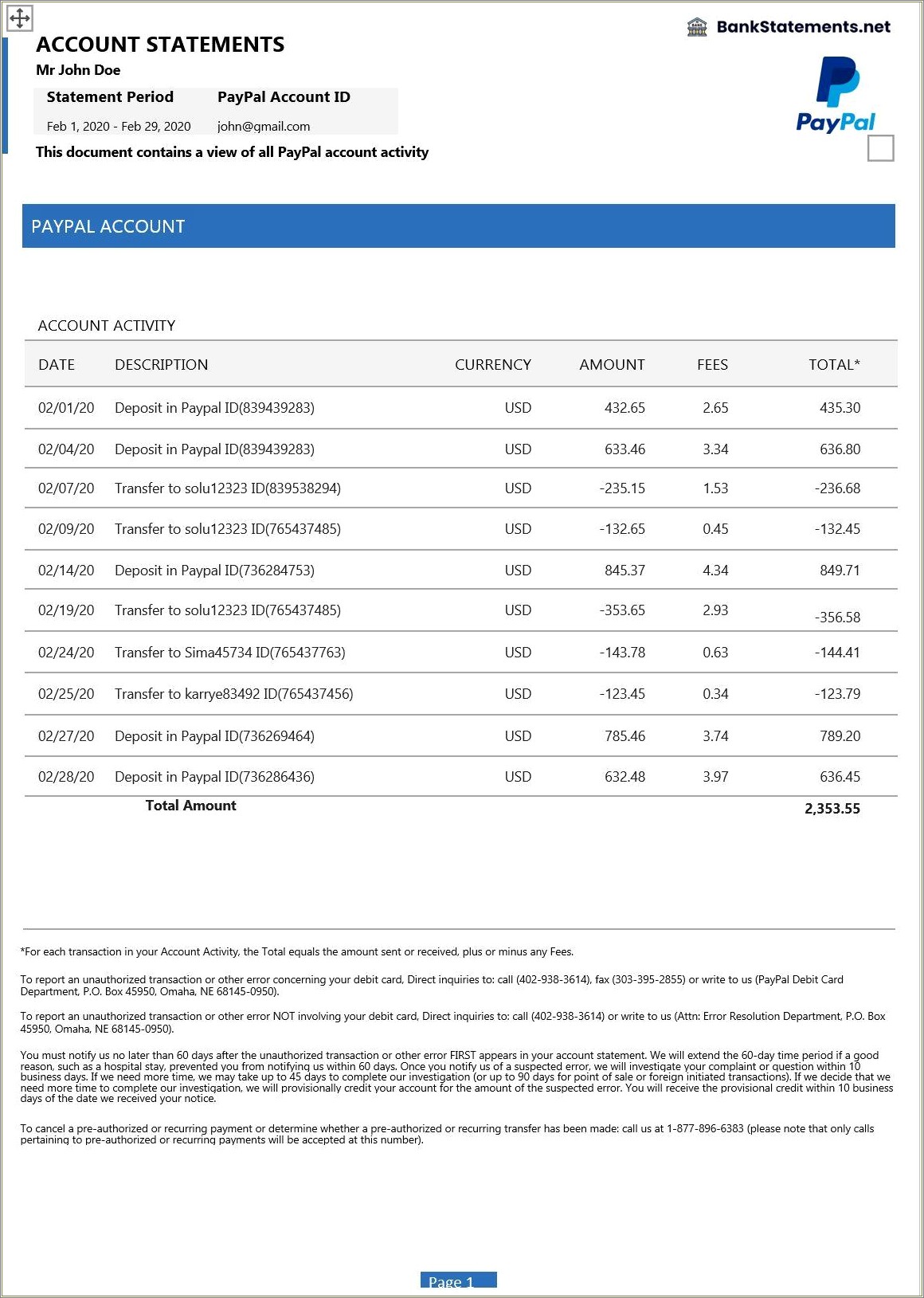 Free Bank Of America Bank Statement Template