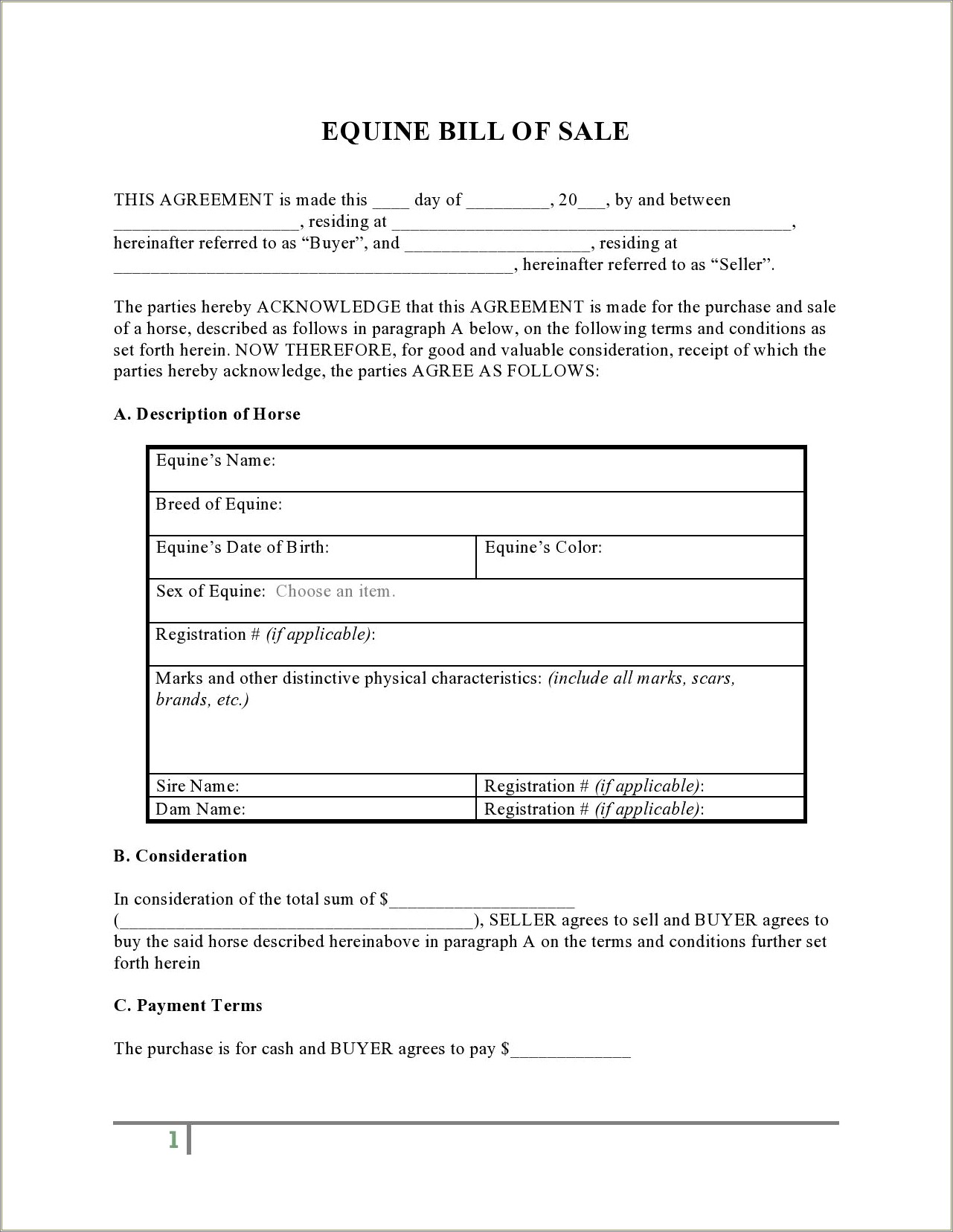 Free Basic Horse Bill Of Sale Template