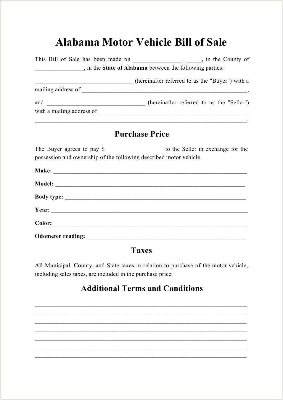 Free Bill Of Sale Alabama Motorcycle Template