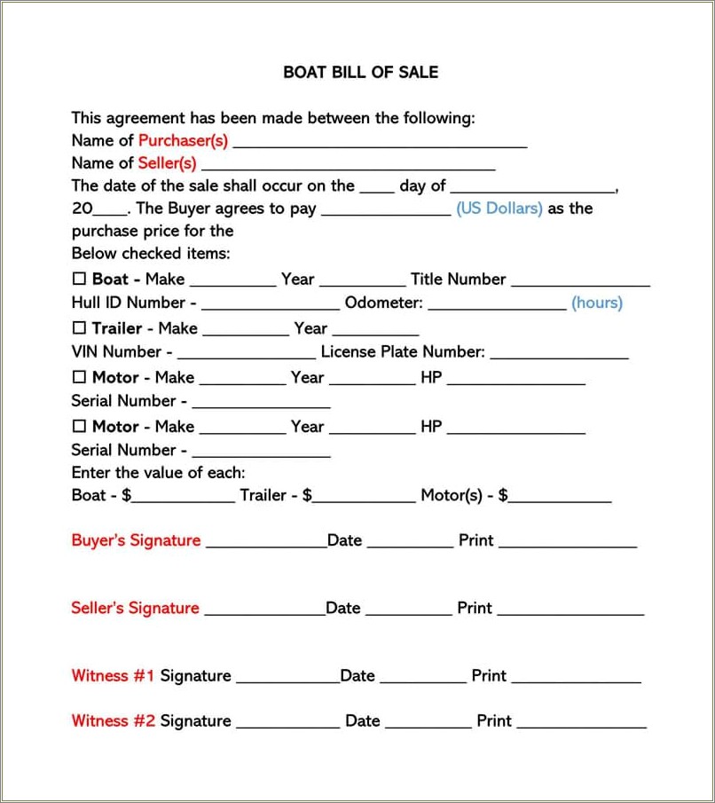 Free Bill Of Sale Template For Boat Canada