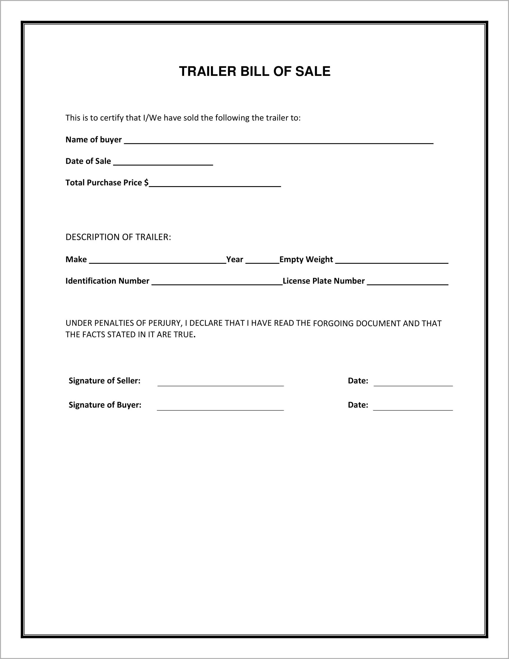 Free Bill Of Sale Template For Car Florida