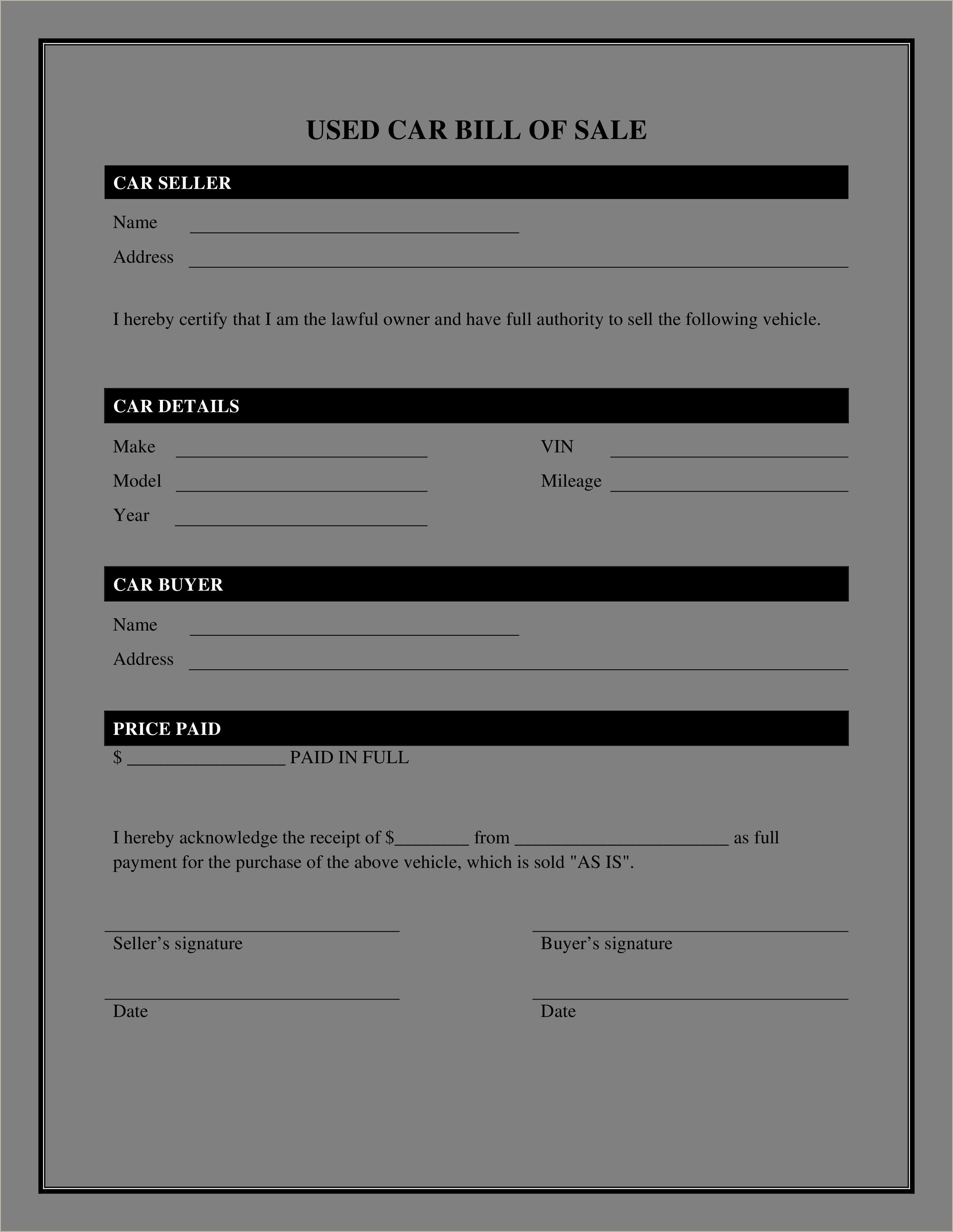 Free Blank Bill Of Sale Template For Car