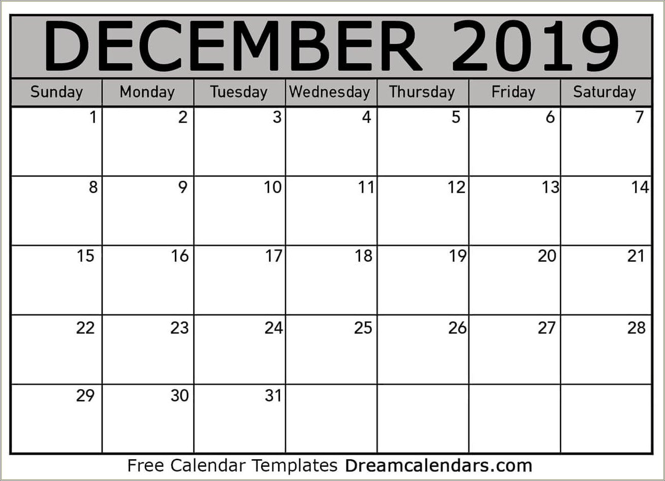 Free Blank Monthly Calendar 2019 Dec Template