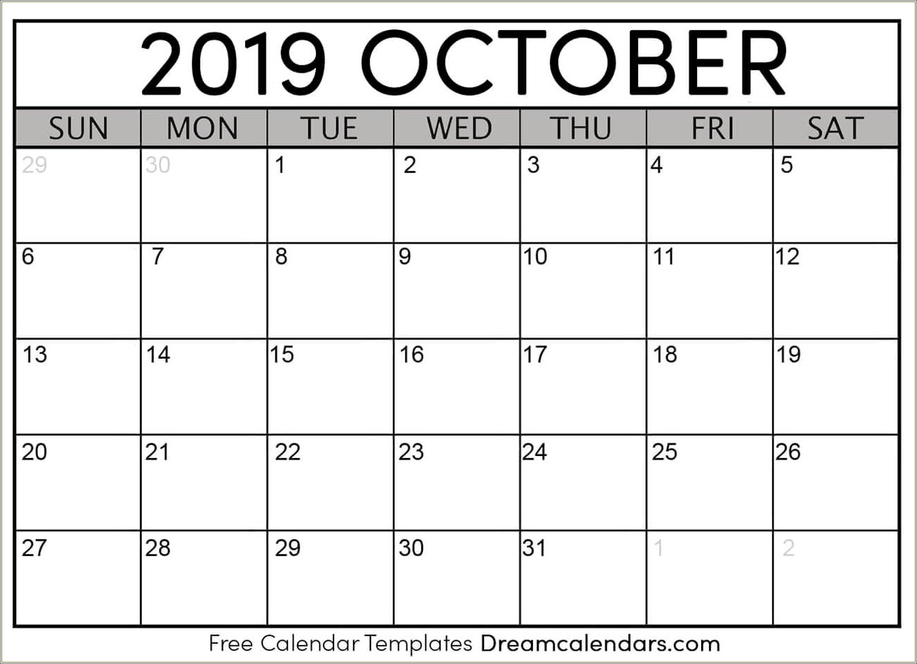 Free Blank Monthly Calendar 2019 October Template