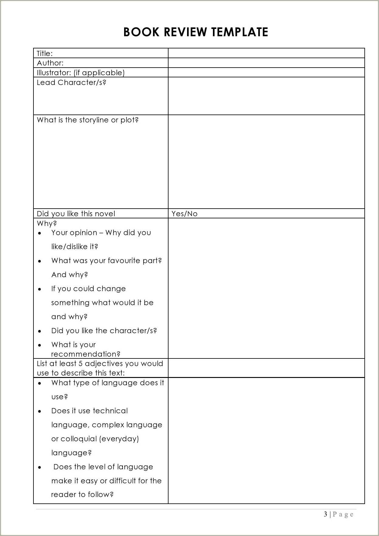 Free Book Review Notes Template For Adults