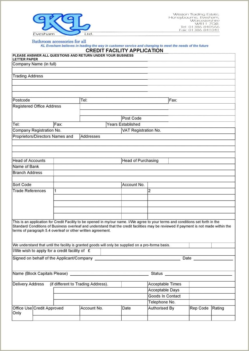 Free Business Credit Application Form Template Australia