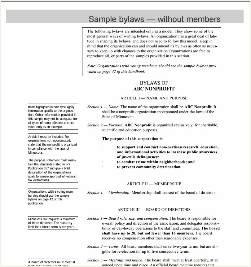 Free Bylaws For Non Profit Organization Templates