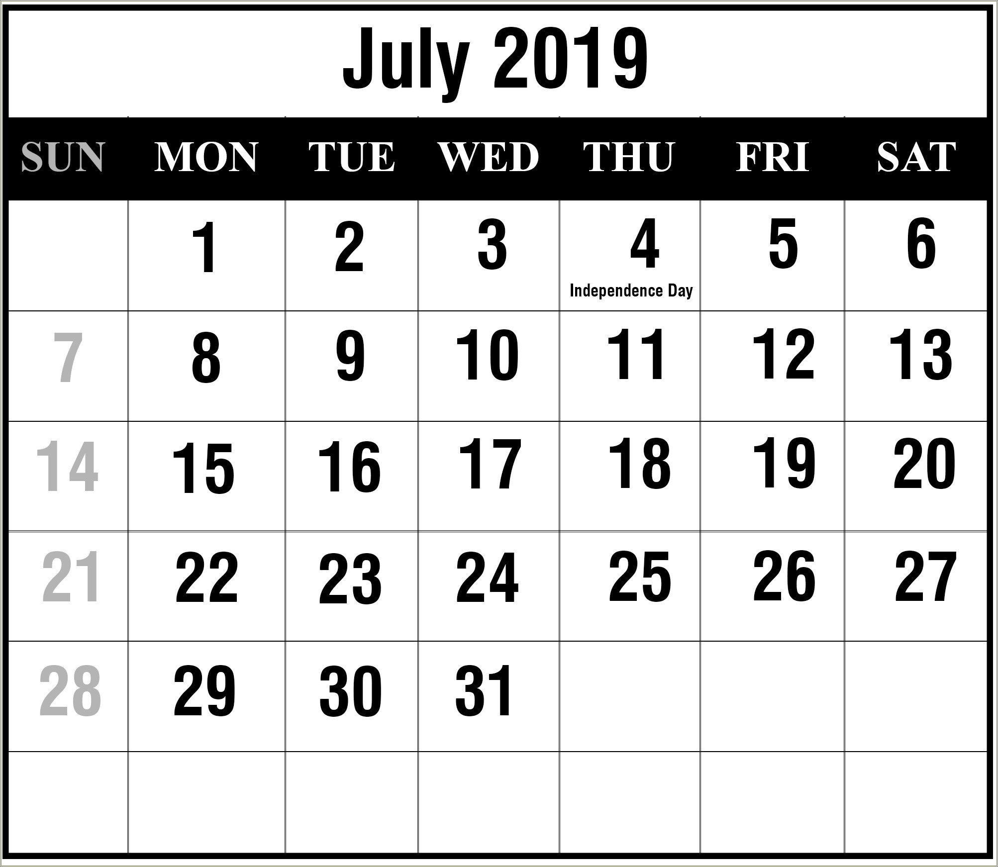 Free Calendar Template July 2019 Word Doc