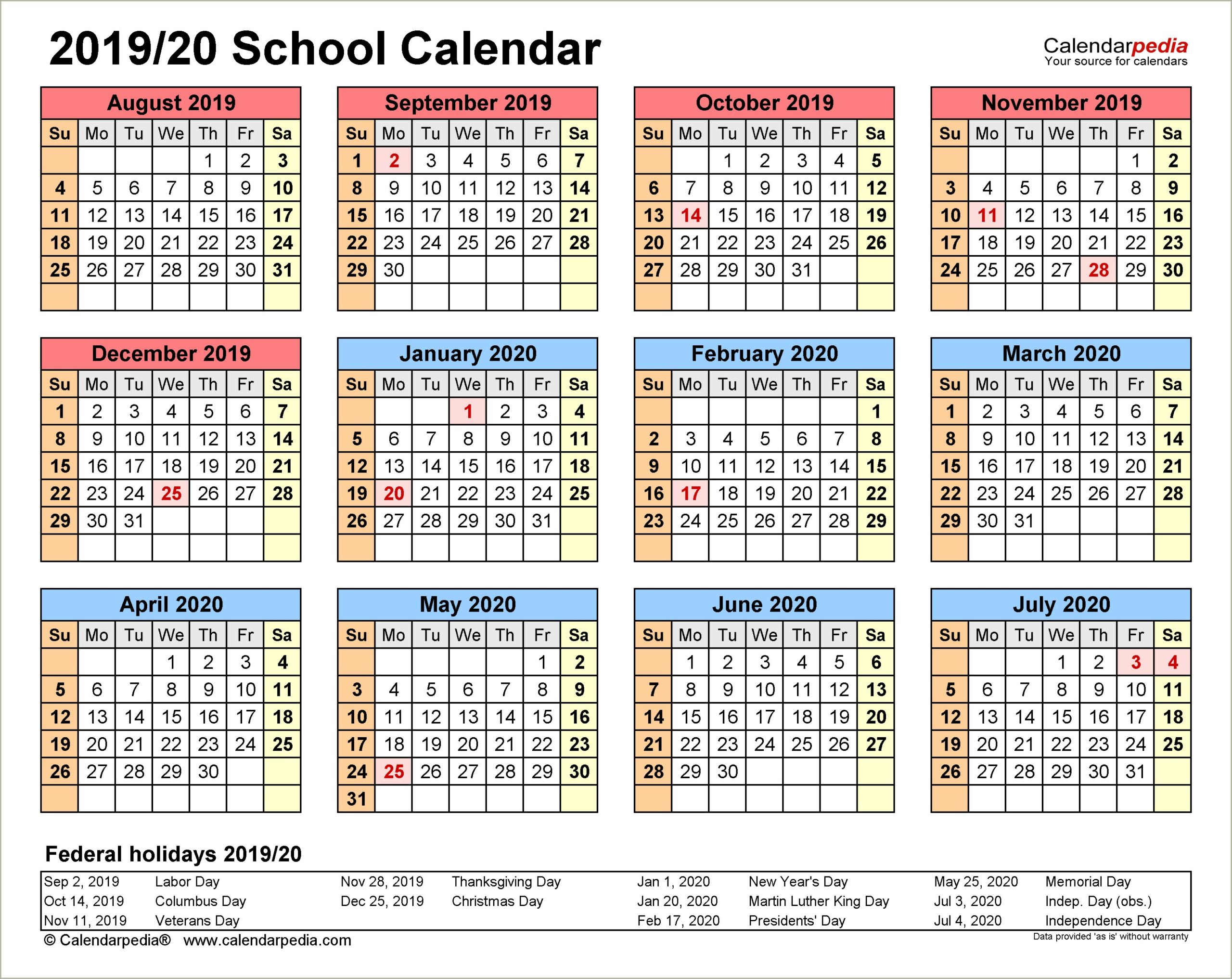 Free Calendar Template School Year 2019 20