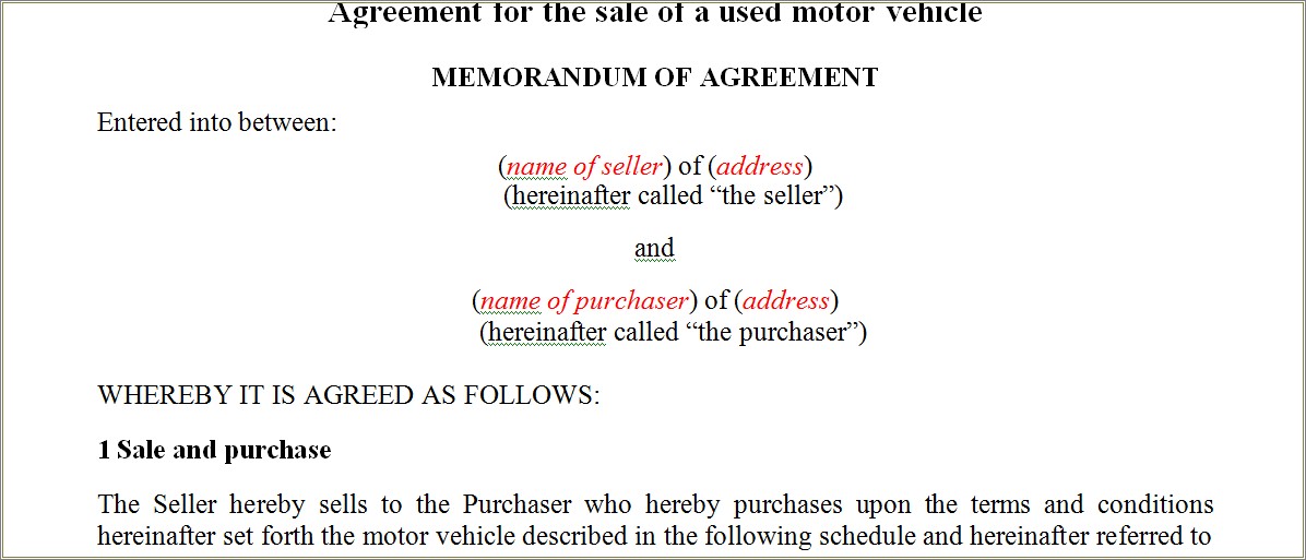 Free Car Sale Agreement Template South Africa