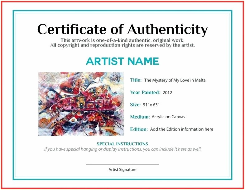Free Certificate Of Authenticity Art Template Microsoft Word